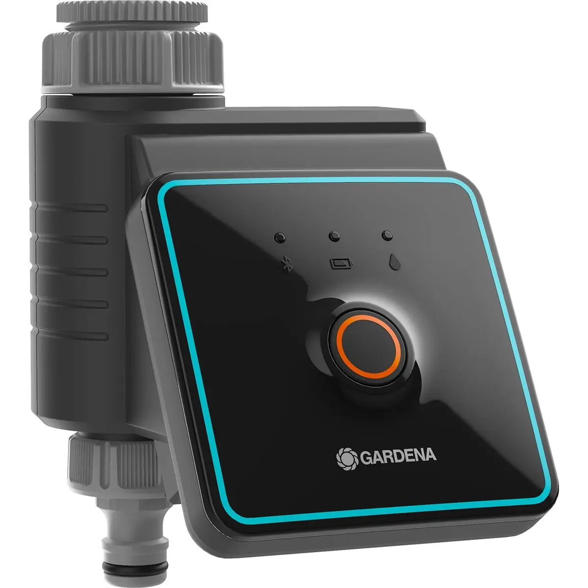 Die GARDENA Bluetooth-Bewässerungssteuerung – grau verfügt über LED-Anzeigen, einen zentralen orangefarbenen Knopf und eine Bluetooth-App-Anbindung für eine einfache Steuerung der Gartenbewässerung.