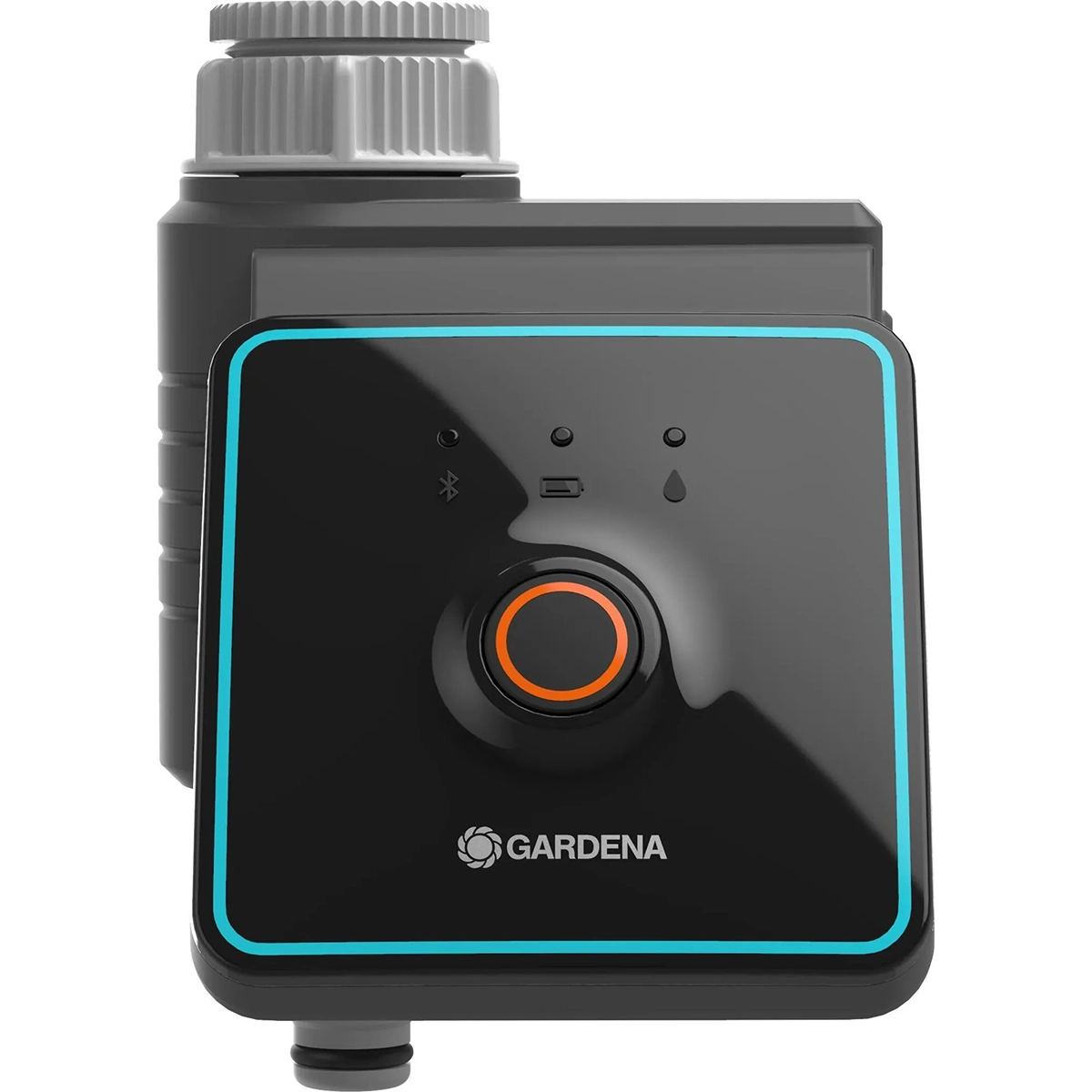 Die GARDENA Bluetooth-Bewässerungssteuerung – grau ermöglicht eine einfache Steuerung der Gartenbewässerung über eine Bluetooth-App. Sie verfügt über eine schwarze Vorderseite, einen orangefarbenen Knopf sowie Anzeigesymbole und wird von GARDENA hergestellt.