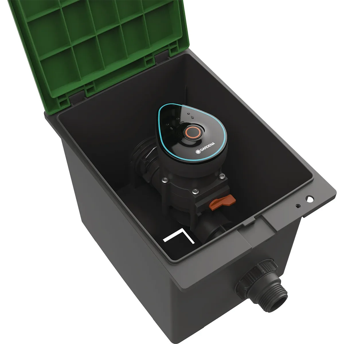 Schwarzer GARDENA 01285-20 9 V Bewässerungsventilkasten mit offenem grünem Deckel, Digitalgerät, sichtbare Ventilanschlüsse - ideal für Bluetooth-Bewässerungssteuerung und automatische Bewässerung.