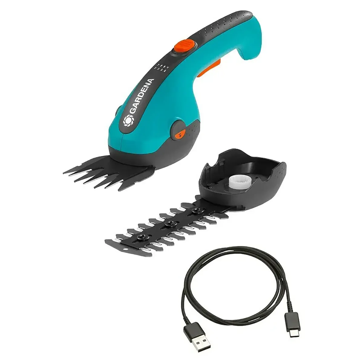 Die GARDENA ClassicCut Li Akku-Gras- und Strauchschere in Blau enthält eine zusätzliche Klinge, eine Ladestation und ein USB-Ladekabel.