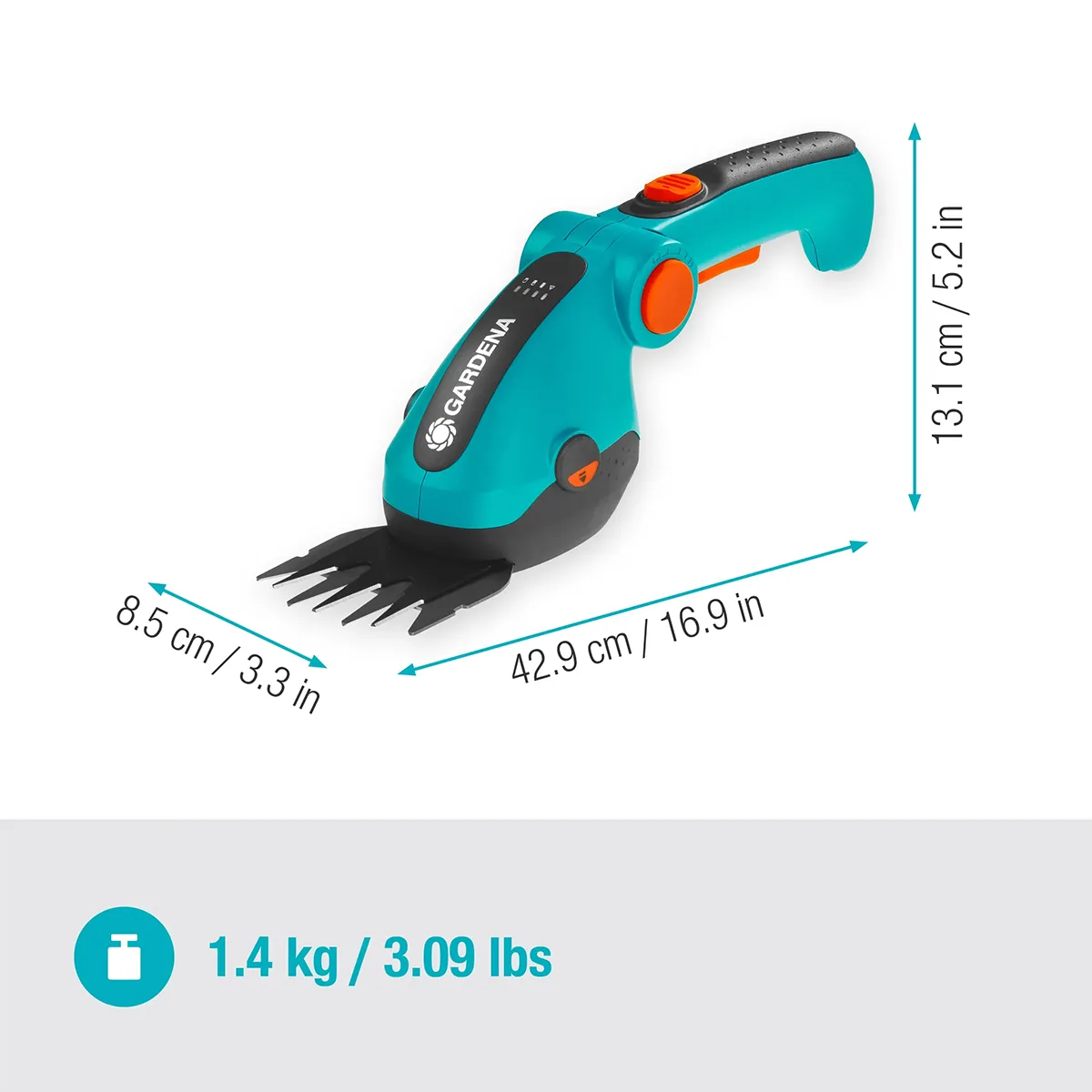 Die blaue Gardena ComfortCut Li Akku-Gras- und Strauchschere von GARDENA ist ideal für die Rasenkantenpflege, mit beschrifteten Maßen und einem Gewicht von 1,4 kg (3.09 lbs) ausgewiesen.
