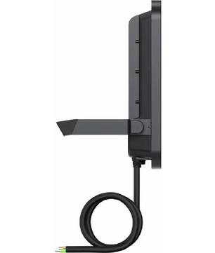 Seitenansicht des Ledvance FL150P100W15KLM840.b LED-Fluters in Schwarz mit Wandhalterung, aufgewickeltem Netzkabel und kurzer Halterung - ideal für vielseitige Beleuchtungsanwendungen.