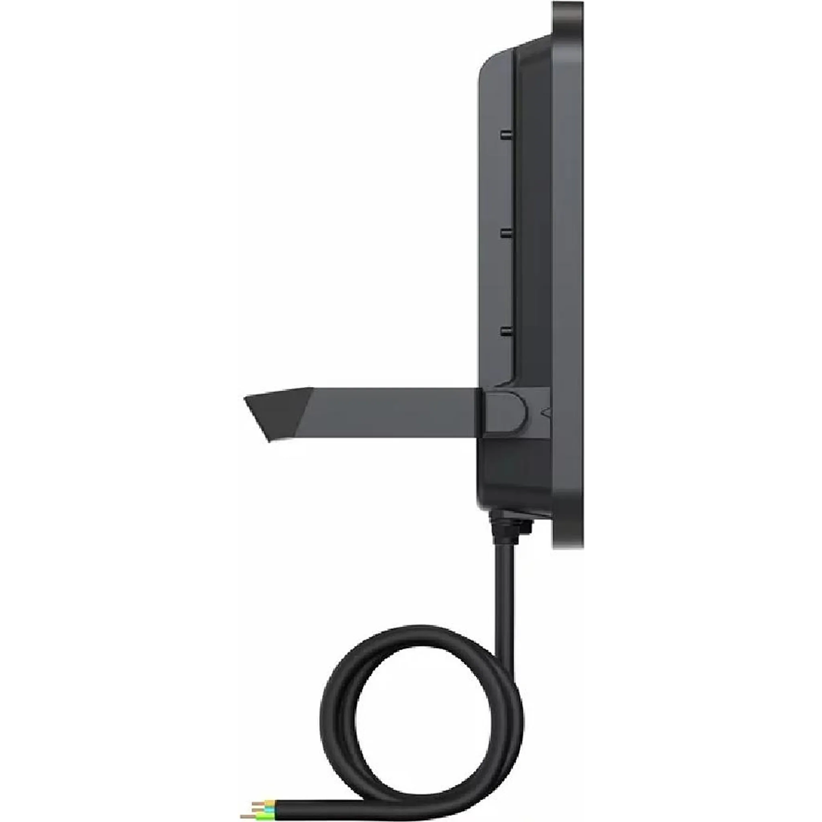 Seitenansicht des Ledvance FL150P100W15KLM840.b LED-Fluters in Schwarz mit Wandhalterung, aufgewickeltem Netzkabel und kurzer Halterung - ideal für vielseitige Beleuchtungsanwendungen.