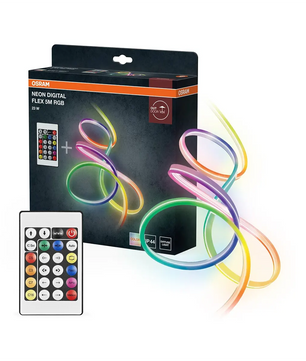 OSRAM Neon Digital Flex Outdoor LED-Streifen – weiß, eine flexible Beleuchtungslösung von OSRAM, bietet eine lebendige RGB-Beleuchtung für individuell gestaltbare Stimmungen und wird mit einer Fernbedienung sowie einer Verpackung geliefert, auf der Regenbogenschleifen und Produktdetails abgebildet sind.