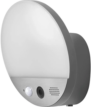 Die OSRAM 4099854474910 Wandleuchte mit integrierter Kamera in Grau bietet smarte Sicherheitsüberwachung durch Bewegungssensor, Lautsprecher und OSRAM SMART+ Wifi Camera - ideal für die Wandmontage.