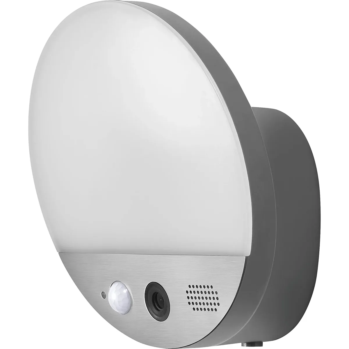 Die OSRAM 4099854474910 Wandleuchte mit integrierter Kamera in Grau bietet smarte Sicherheitsüberwachung durch Bewegungssensor, Lautsprecher und OSRAM SMART+ Wifi Camera - ideal für die Wandmontage.