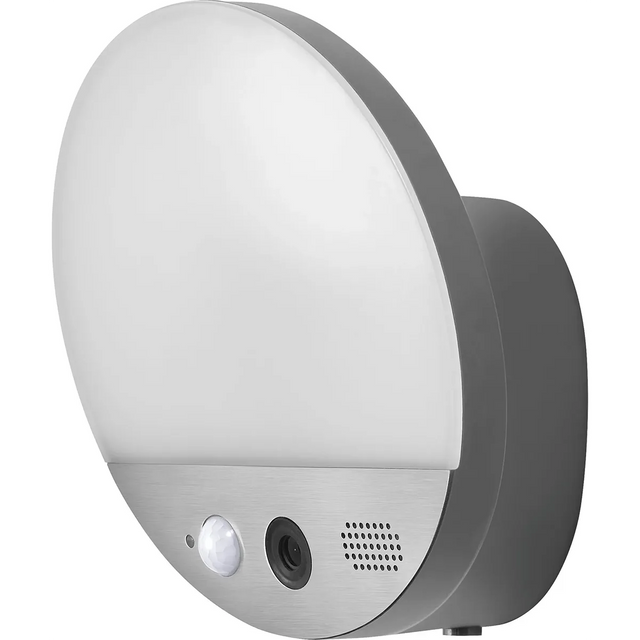 Die OSRAM 4099854474910 Wandleuchte mit integrierter Kamera in Grau bietet smarte Sicherheitsüberwachung durch Bewegungssensor, Lautsprecher und OSRAM SMART+ Wifi Camera - ideal für die Wandmontage.