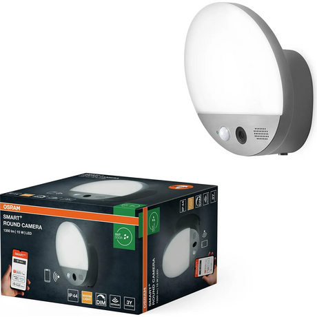 OSRAM 4099854474910 Wandleuchte mit integrierter Kamera - grau, eine smarte Außenwandleuchte für Sicherheitsüberwachung, wird oberhalb ihrer Produktverpackung präsentiert.