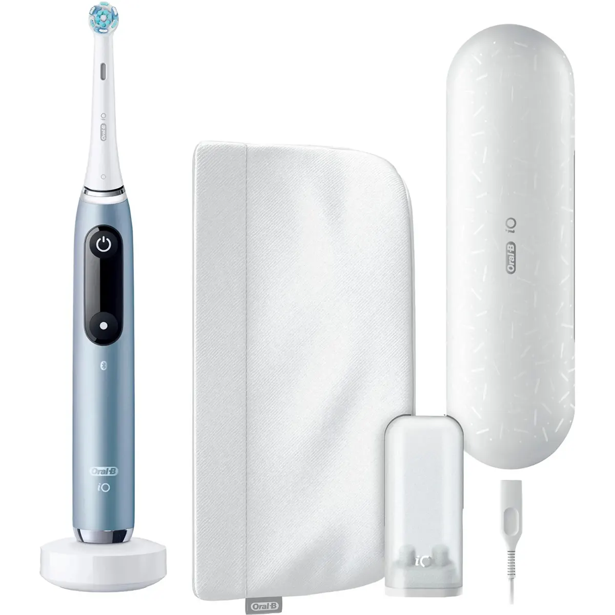 Die elektrische Zahnbürste „Oral-B iO Series 9 Luxe Edition“ in Blau wird auf weißem Hintergrund zusammen mit Ladestation, Reiseetui und Zubehör abgebildet und verfügt über eine intelligente Andruckkontrolle für optimale Putzleistung.