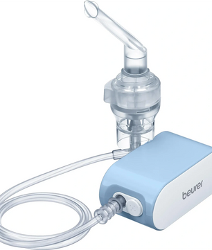 Der Beurer IH 60 Inhalator – blau von Beurer verfügt über eine durchsichtige Maske, einen Schlauch und ein blau-weißes Gerät – ideal für eine effektive Inhalationstherapie zu Hause oder unterwegs.