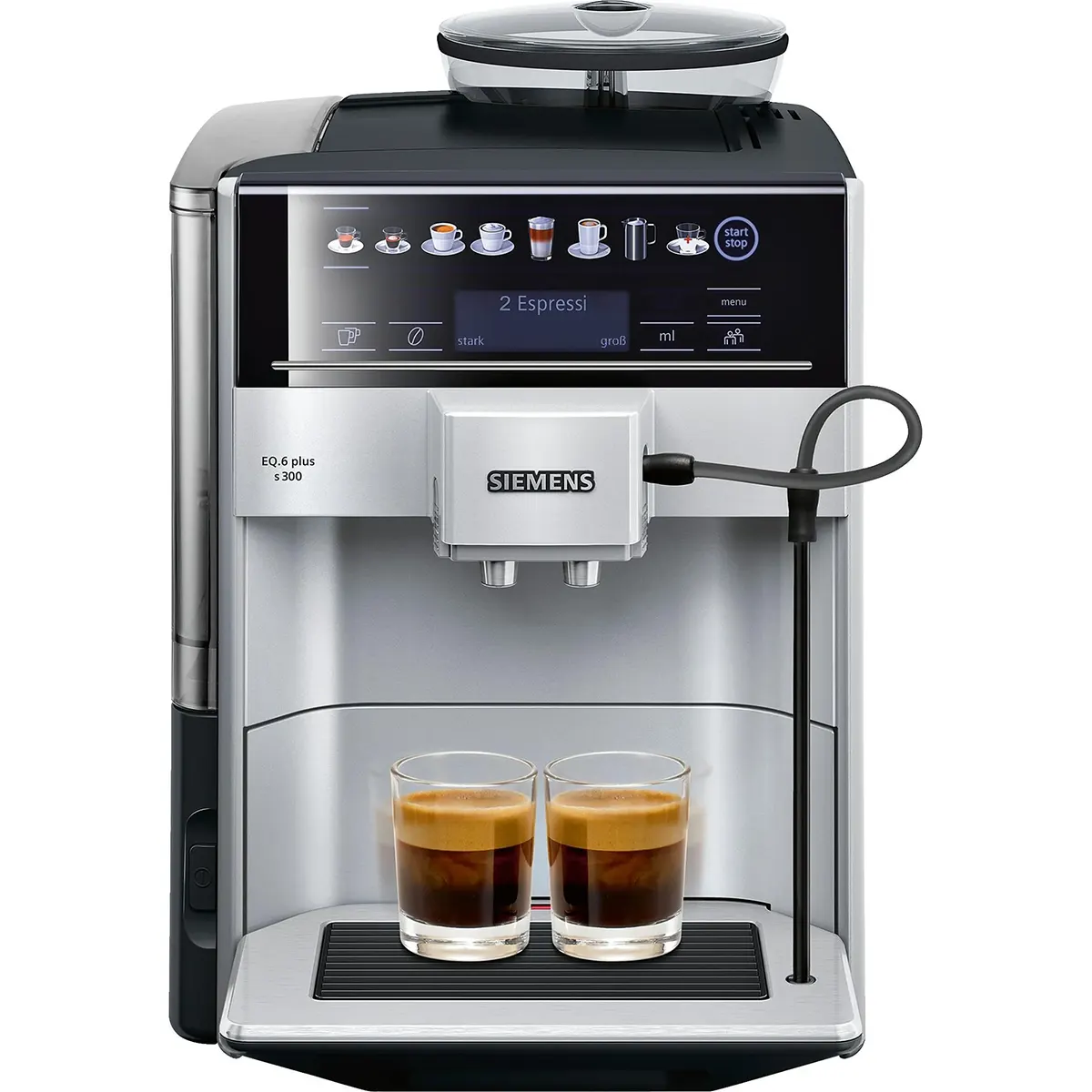 Der Siemens EQ.6 plus s300 TE653501DE Kaffeevollautomat in elegantem Silber bereitet gerade zwei Tassen Kaffee zu, während sein intuitives Digitaldisplay eine Vielzahl von Getränkeoptionen anzeigt, die durch die praktische oneTouch-Funktion ermöglicht werden.