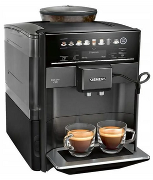 Der Siemens EQ.6 Plus TE651319RW Kaffeevollautomat in Schwarz brüht gekonnt zwei Espresso-Getränke in Glastassen und verfügt über ein hochwertiges Keramikmahlwerk für das perfekte Kaffeearoma.