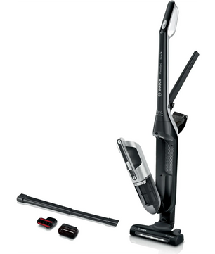 Der Bosch BBH3P2801 Akku-Staubsauger in schwarz, ein 2-in-1 kabelloser Staubsauger von Bosch, steht mit Zubehör und Aufsätzen auf weißem Hintergrund.