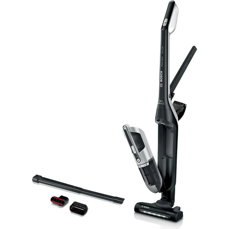 Der Bosch BBH3P2801 Akku-Staubsauger in schwarz, ein 2-in-1 kabelloser Staubsauger von Bosch, steht mit Zubehör und Aufsätzen auf weißem Hintergrund.