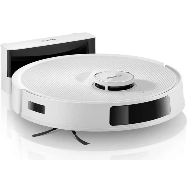 Der Bosch BCRC2W Saug- und Wischroboter in Weiß, ein rund geformter Roboter von Bosch mit intelligenter Navigation, wird mit seiner hinter ihm platzierten Ladestation abgebildet.
