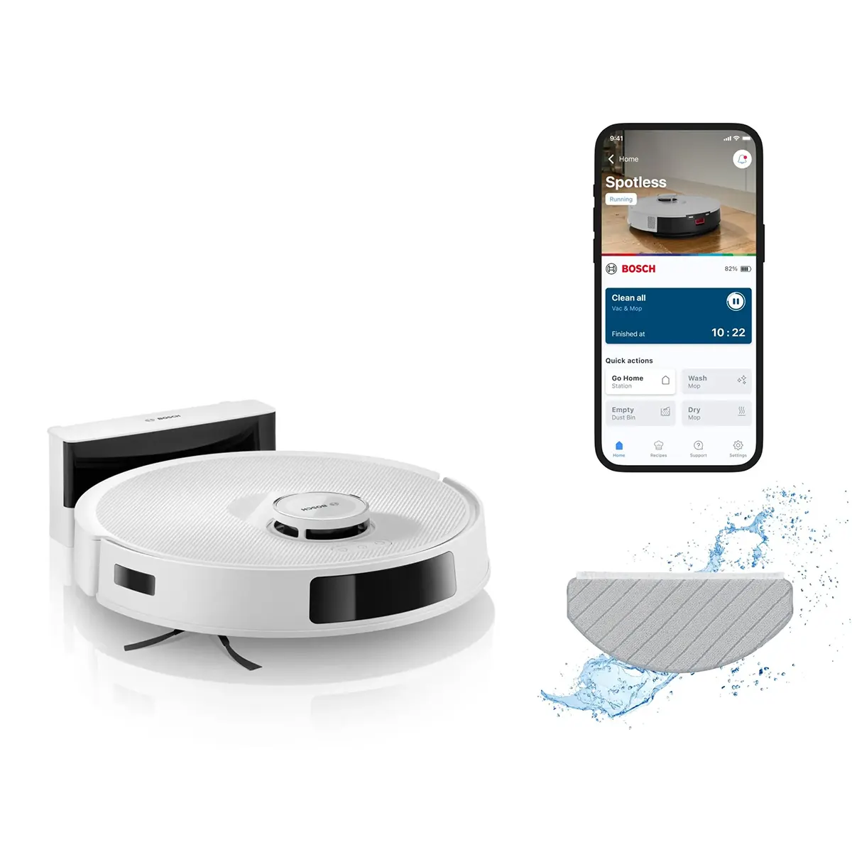 Der Bosch BCRC2W Saug- und Wischroboter – weiß, abgebildet mit Ladestation, Nasswischpad und einem Smartphone mit der Bosch-Reinigungs-App, bietet intelligente Navigation für eine effiziente und gründliche Reinigung.