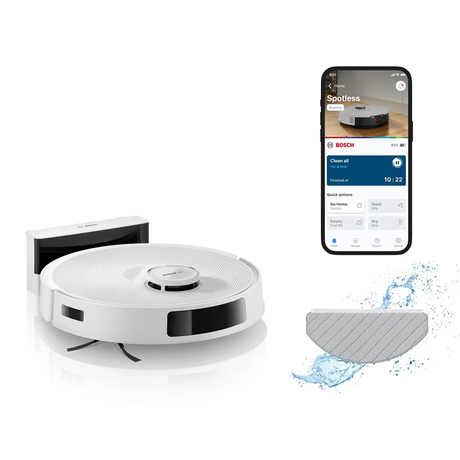 Der Bosch BCRC2W Saug- und Wischroboter – weiß, abgebildet mit Ladestation, Nasswischpad und einem Smartphone mit der Bosch-Reinigungs-App, bietet intelligente Navigation für eine effiziente und gründliche Reinigung.