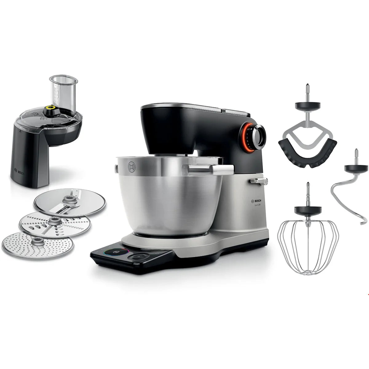 Die Küchenmaschine MUMS8ZS13 der Bosch Serie 8 in Schwarz verfügt über eine Edelstahlschüssel, verschiedene Aufsätze (Hobel, Rührbesen) und einen leistungsstarken 1.800-W-Motor für effizientes Mixen – perfekt für vielseitige Aufgaben in der Küche.
