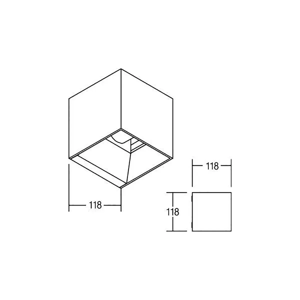 Strichzeichnung der Brumberg 60025183 LED-Wandleuchte in Schwarz, einer würfelförmigen Leuchte von Brumberg für die Decken- oder Wandmontage; jede Seite misst 118 mm. Ideal für moderne Wandbeleuchtungslösungen.
