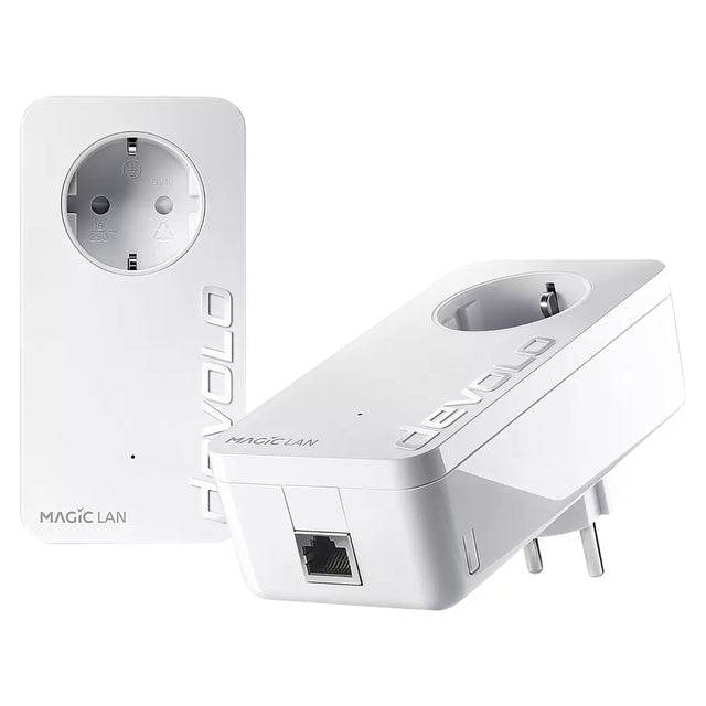 Das devolo Magic 2 LAN Starter Kit – weiß enthält zwei Adapter mit Steckdosen und Ethernet-Anschlüssen und sorgt so für schnelles Internet von devolo im ganzen Haus.