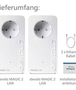 Das „devolo Magic 2 LAN Starter Kit – weiß“ von devolo enthält zwei Powerline-Adapter, zwei Ethernet-Kabel und eine Installationsanleitung – ideal für schnelles Internet in jedem Raum.