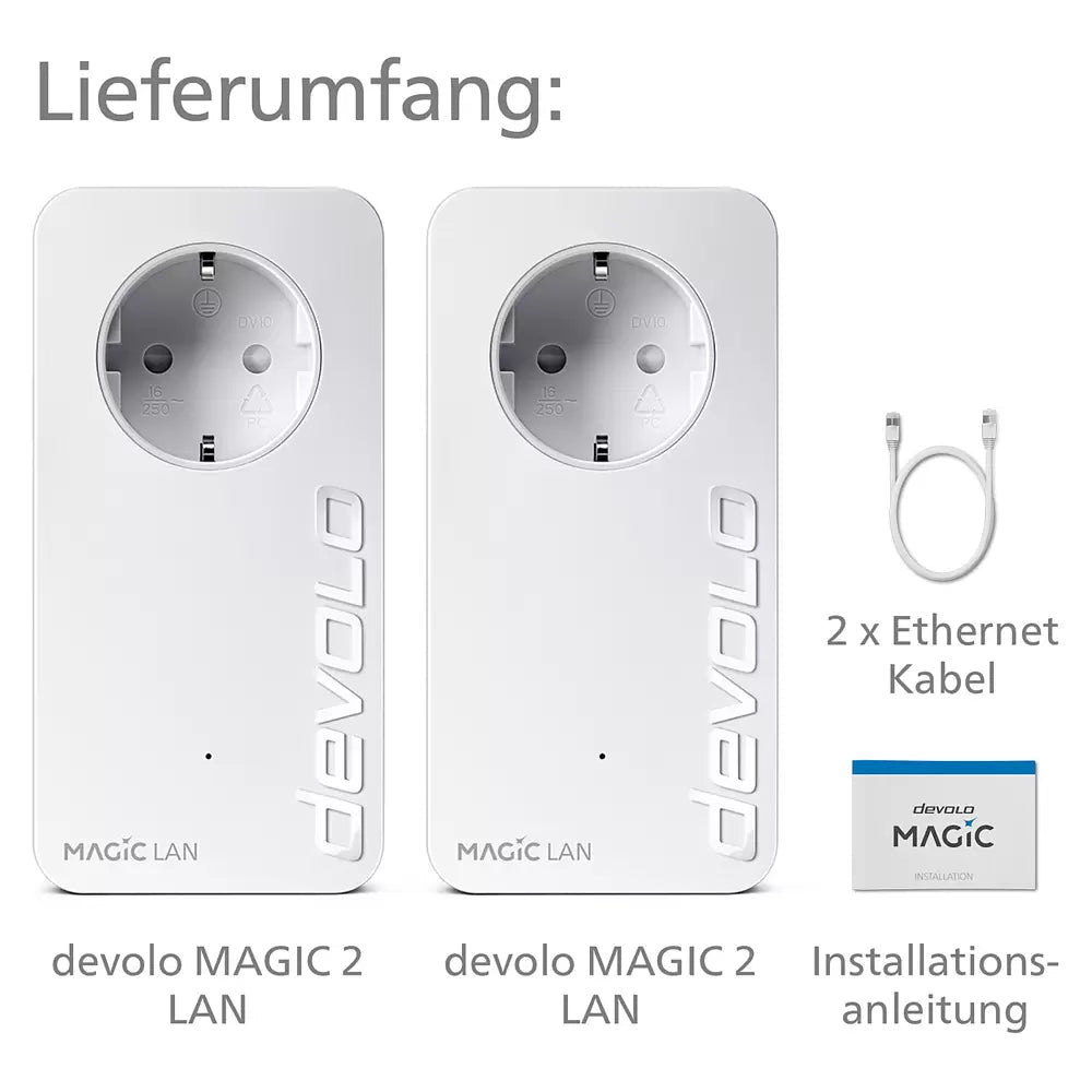Das „devolo Magic 2 LAN Starter Kit – weiß“ von devolo enthält zwei Powerline-Adapter, zwei Ethernet-Kabel und eine Installationsanleitung – ideal für schnelles Internet in jedem Raum.
