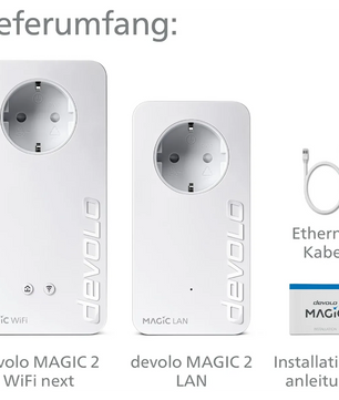 Das devolo Magic 2 WiFi next Powerline - weiß von devolo enthält zwei Geräte mit Powerline-Technologie, ein Ethernet-Kabel und eine Installationsanleitung.