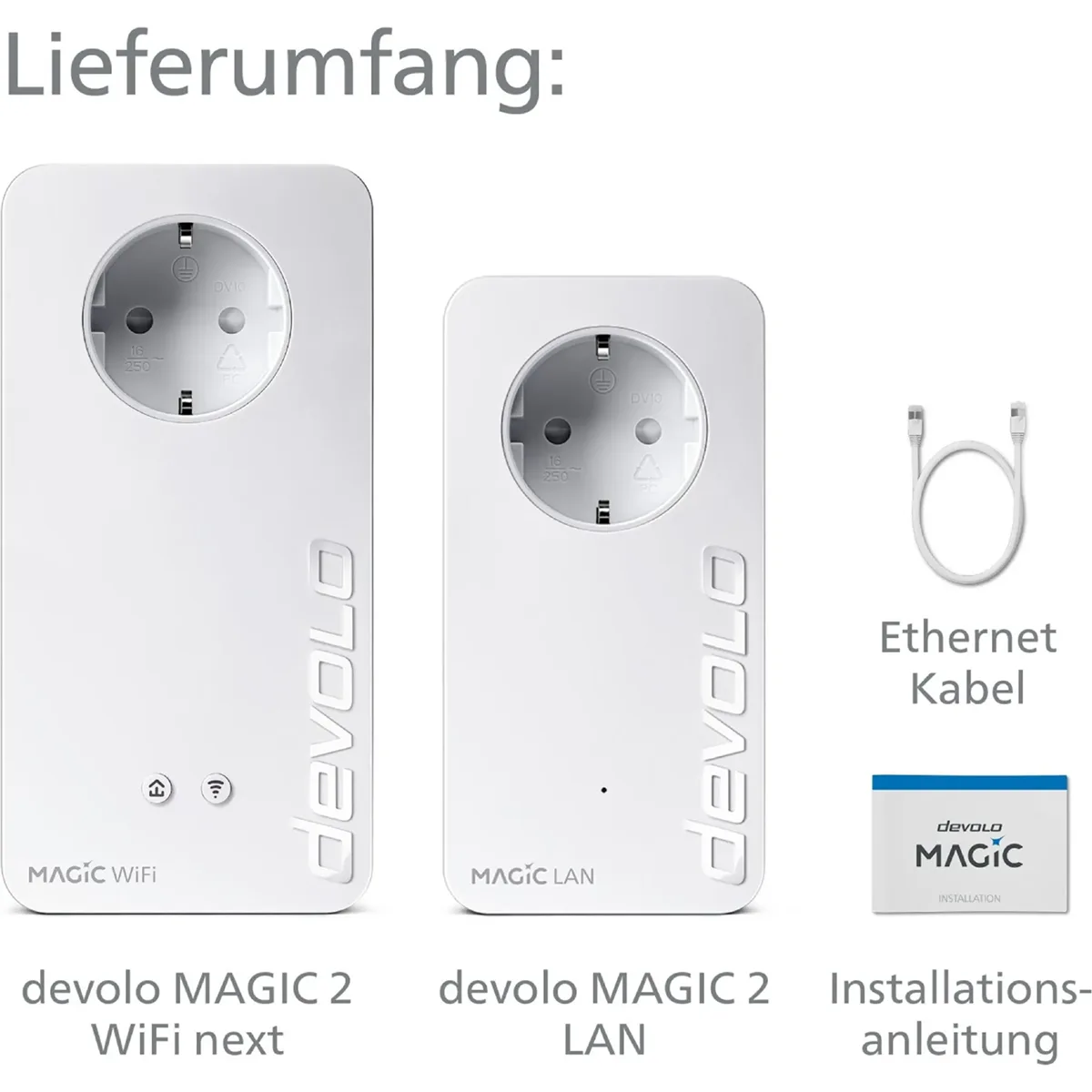 Das devolo Magic 2 WiFi next Powerline - weiß von devolo enthält zwei Geräte mit Powerline-Technologie, ein Ethernet-Kabel und eine Installationsanleitung.