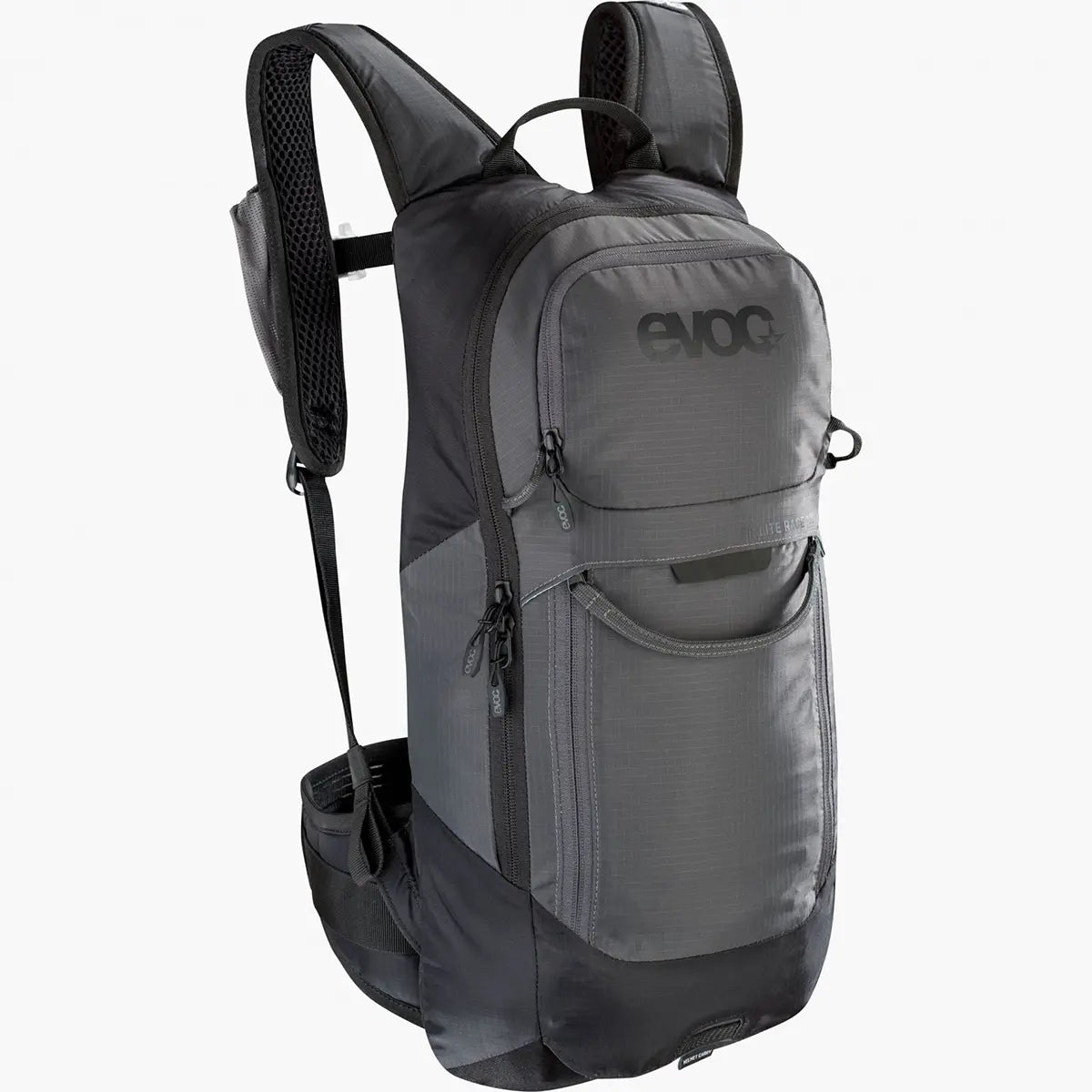 Der Evoc FR Lite Race 10L S Fahrradrucksack in grau verfügt über Reißverschlussfächer, einen LiteShield Plus Rückenprotektor und gepolsterte Schultergurte, die auf weißem Grund angebracht sind.