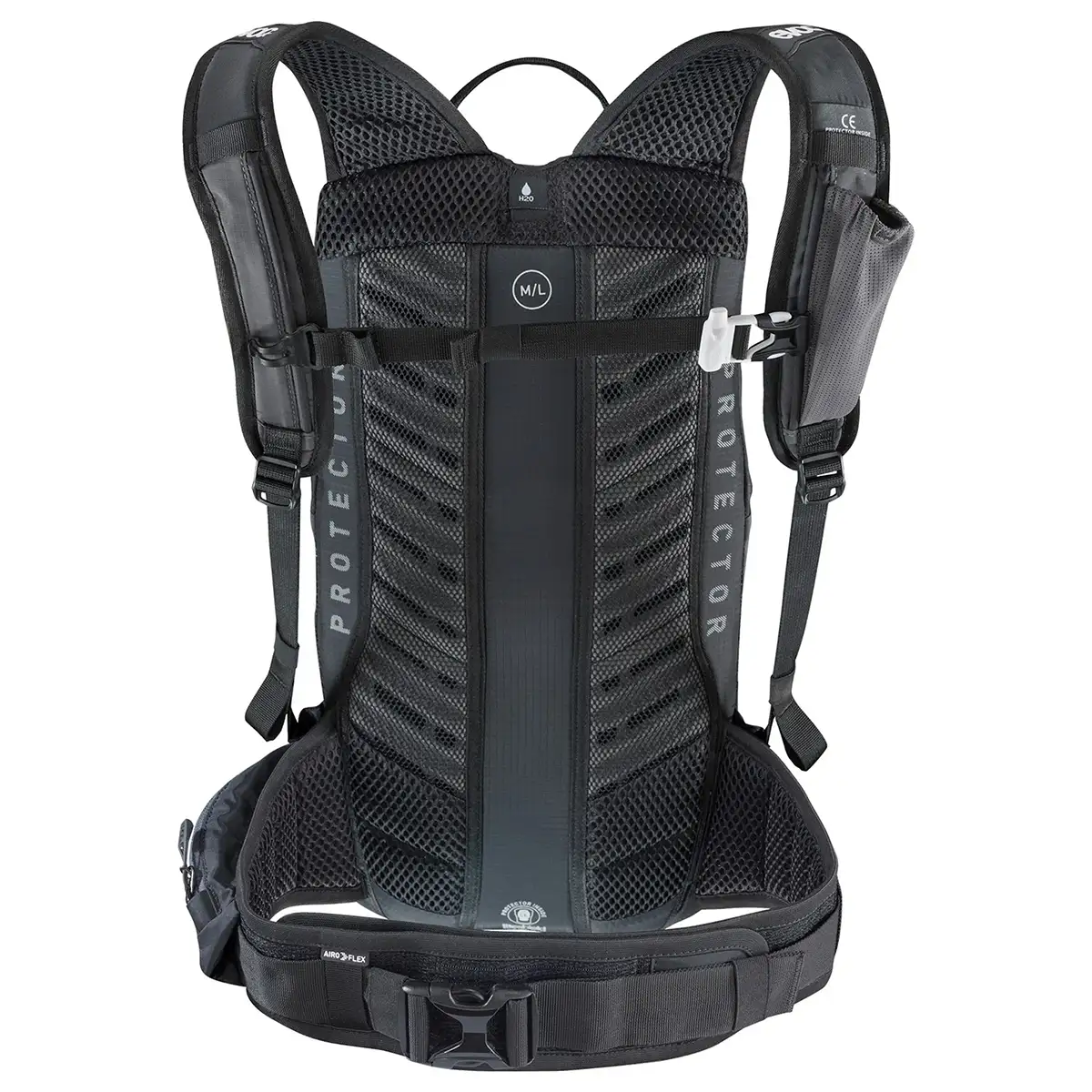 Der Evoc FR Lite Race 10L M/L Fahrradrucksack in grau verfügt über ein gepolstertes Netz-Rückenteil, Schultergurte und einen Hüftgurt - perfekt für Enduro-Rennen, hier in der Rückenansicht.