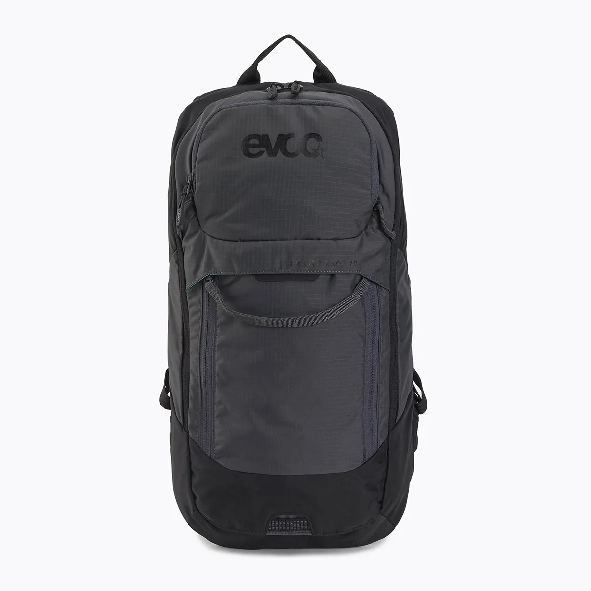 Der Evoc FR Lite Race 10L M/L Fahrradrucksack in Grau mit dem Evoc-Logo auf der oberen Fronttasche ist ideal für Enduro-Rennen und wird auf weißem Hintergrund präsentiert.