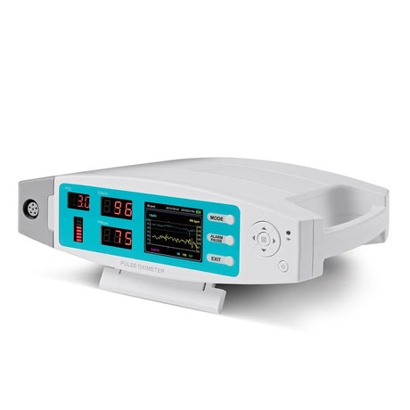 Das PULOX Pulsoximeter PO-900 von PULOX ist ein weißes elektronisches Gerät mit digitaler Anzeige von Sauerstoffsättigung, Puls und Wellenform.