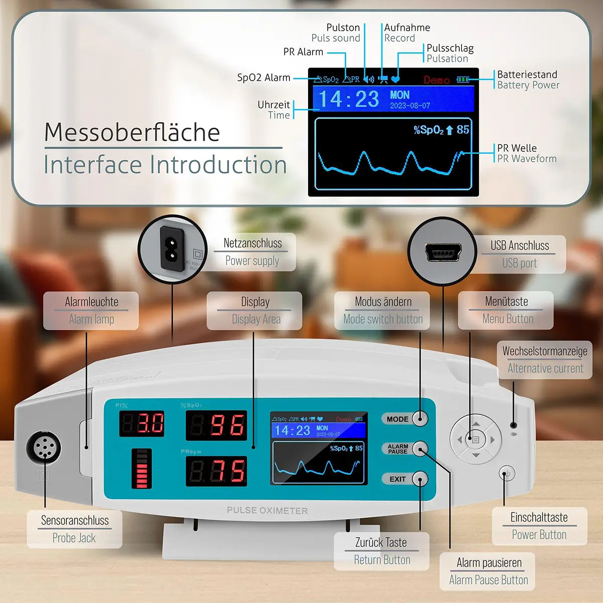 Das PULOX Pulsoximeter PO-900 von PULOX verfügt über beschriftete Funktionen und eine Anzeige für Herzfrequenz und Sauerstoffsättigung (SpO2) und gewährleistet so eine zuverlässige Überwachung der Vitalparameter.