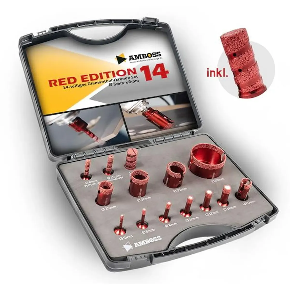 Offener Koffer mit dem „Amboss Red Edition 14 Diamant-Bohrkronen-Set“ – rot, mit Größenangaben und Amboss-Logo – perfekt für präzises Arbeiten beim Fliesenbohren und ideal für Feinsteinzeug-Bohrkronen.