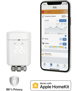 Das Eve Thermo (10EBP1701) Thermostat in weiß von Eve wird zusammen mit einer Smartphone-App gezeigt, ist Apple HomeKit-kompatibel und bietet mit einem Datenschutz-Icon sichere, smarte Heizungssteuerung.