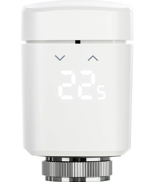 Das Eve Thermo (10EBP1701) Thermostat - weiß von Eve ist ein smartes weißes Heizkörperthermostat mit Digitalanzeige (22 °C), zwei Pfeiltasten, ideal für smarte Heizungssteuerung und Apple HomeKit kompatibel.