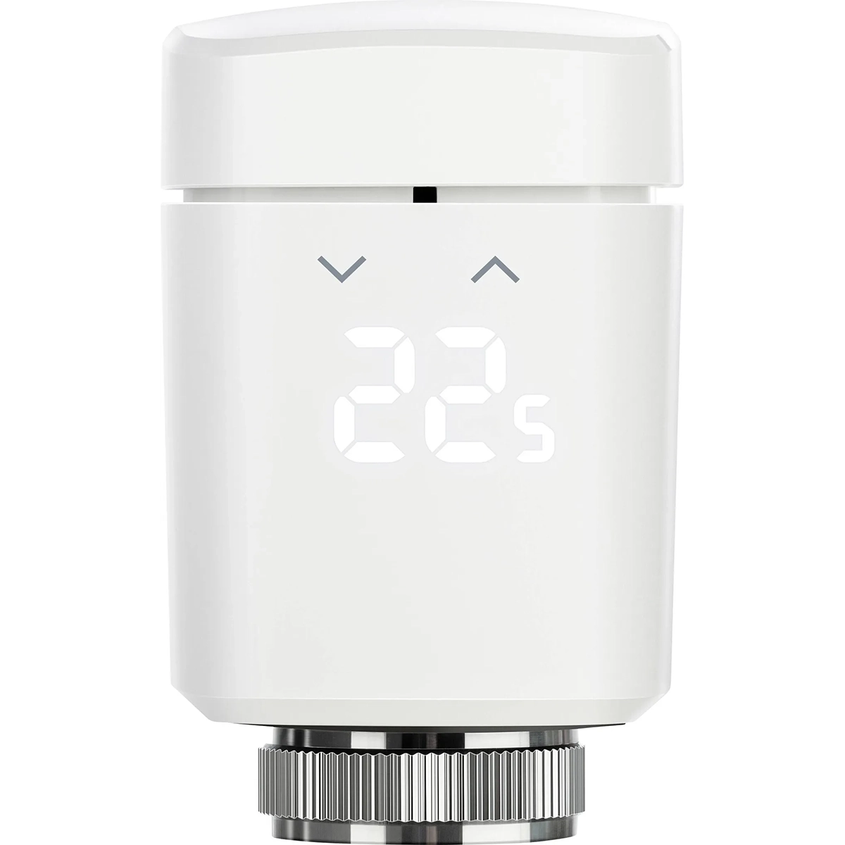 Das Eve Thermo (10EBP1701) Thermostat - weiß von Eve ist ein smartes weißes Heizkörperthermostat mit Digitalanzeige (22 °C), zwei Pfeiltasten, ideal für smarte Heizungssteuerung und Apple HomeKit kompatibel.