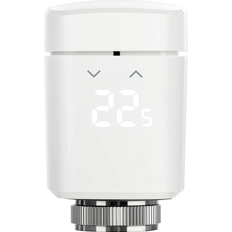 Das Eve Thermo (10EBP1701) Thermostat - weiß von Eve ist ein smartes weißes Heizkörperthermostat mit Digitalanzeige (22 °C), zwei Pfeiltasten, ideal für smarte Heizungssteuerung und Apple HomeKit kompatibel.