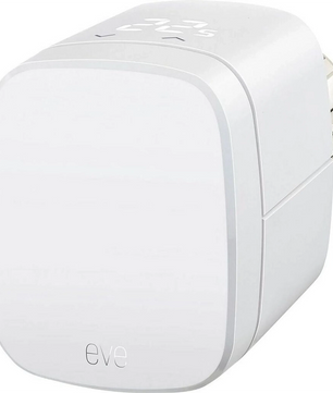 Das Eve Thermo (10EBP1701) von Eve ist ein weißes, quadratisches Smart-Thermostat mit digitalem Display, das für Apple HomeKit entwickelt wurde, um eine intelligente Heizungssteuerung zu ermöglichen.