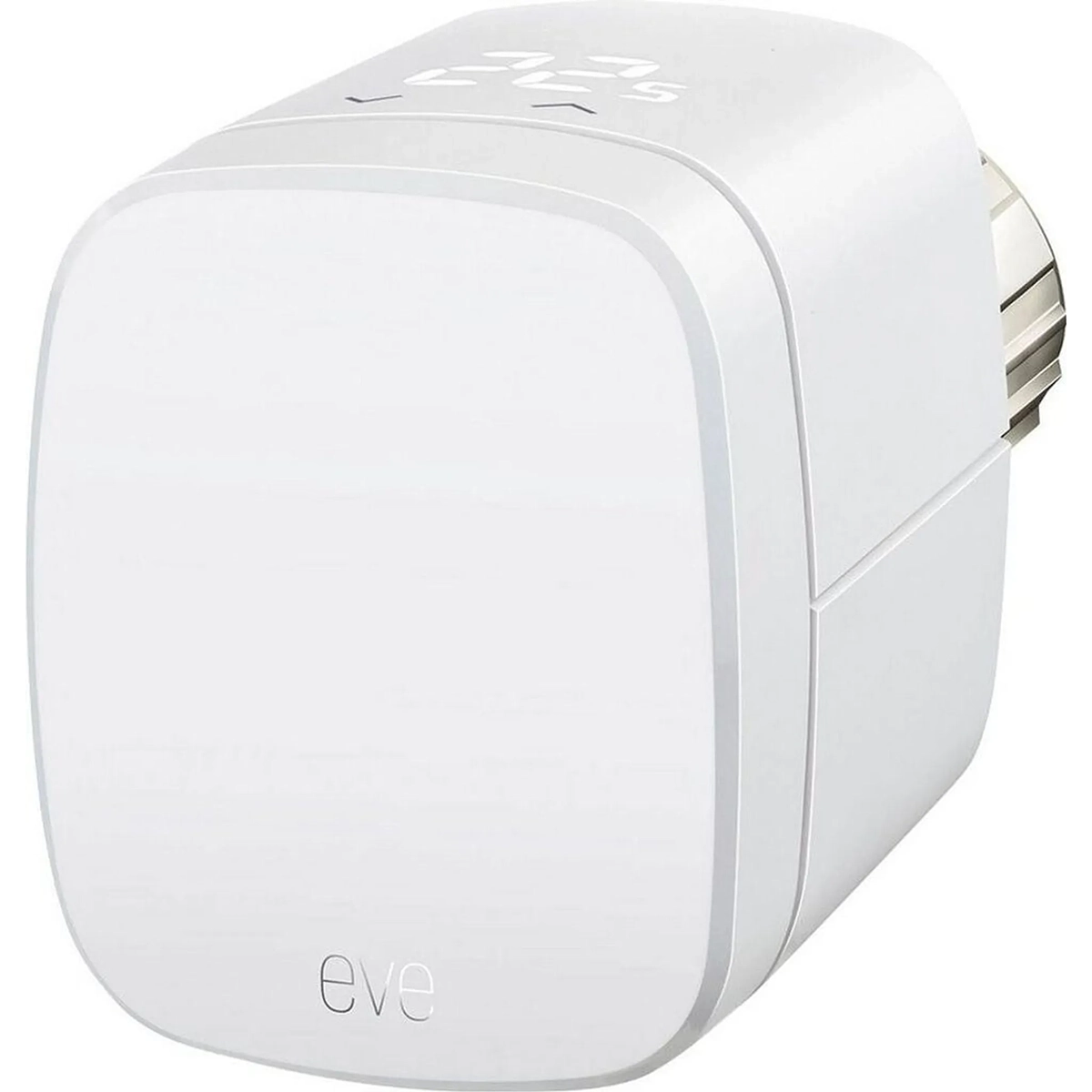Das Eve Thermo (10EBP1701) von Eve ist ein weißes, quadratisches Smart-Thermostat mit digitalem Display, das für Apple HomeKit entwickelt wurde, um eine intelligente Heizungssteuerung zu ermöglichen.