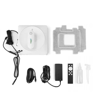 Lifenaxx LifenaXX LX-047 Fensterputzroboter – weiß, geliefert als umfassendes Set mit Fernbedienung, Netzkabeln, Reinigungspads, Sprühflasche und Adapter auf weißem Hintergrund – ideal für die automatische Glasreinigung. Dieser innovative Fensterputzroboter von Lifenaxx sorgt mühelos für streifenfreie und strahlend saubere Fenster.