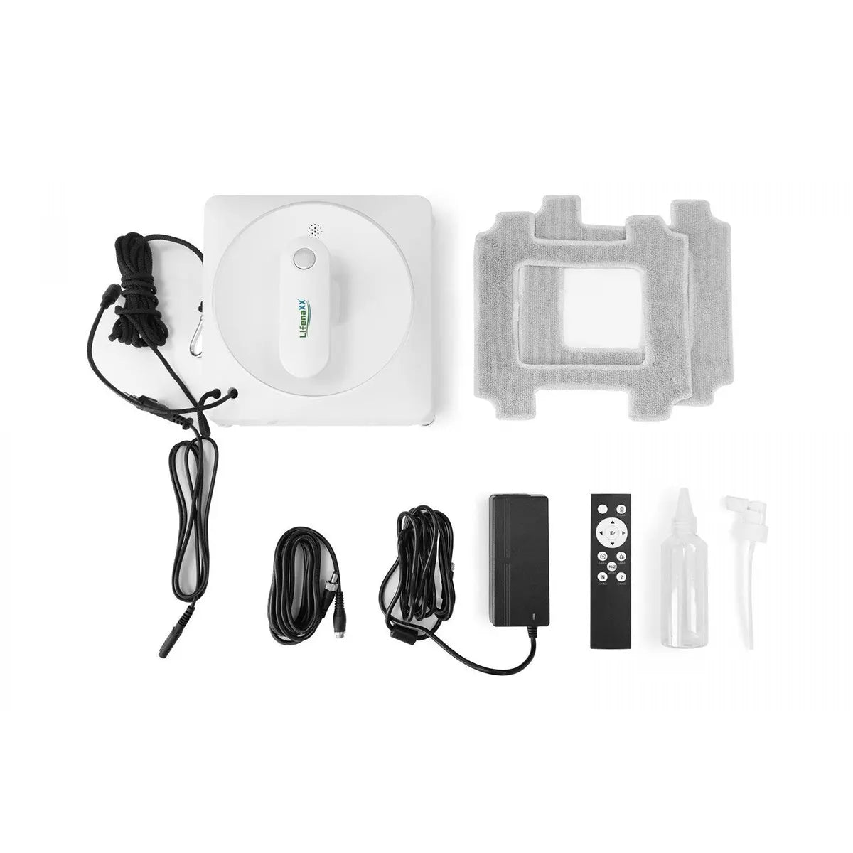 Lifenaxx LifenaXX LX-047 Fensterputzroboter – weiß, geliefert als umfassendes Set mit Fernbedienung, Netzkabeln, Reinigungspads, Sprühflasche und Adapter auf weißem Hintergrund – ideal für die automatische Glasreinigung. Dieser innovative Fensterputzroboter von Lifenaxx sorgt mühelos für streifenfreie und strahlend saubere Fenster.