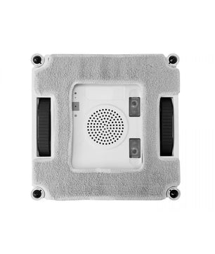 Ansicht von unten des Lifenaxx LifenaXX LX-047 Fensterputzroboters – weiß, ein quadratischer Reinigungsroboter mit zwei schwarzen Rädern und grauen Stoffpads auf jeder Seite.