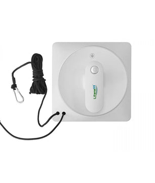 Der weiße Fensterputzroboter LifenaXX LX-047 von Lifenaxx mit angebrachtem schwarzem Sicherheitsseil und Clip ist von oben auf weißem Hintergrund abgebildet – ideal für die automatische Glasreinigung.