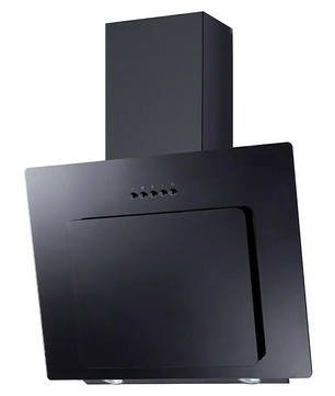 Die Respekta CH 21060 S ist eine moderne schwarze Dunstabzugshaube mit abgewinkelter Frontblende und Bedienknöpfen in der oberen Mitte.