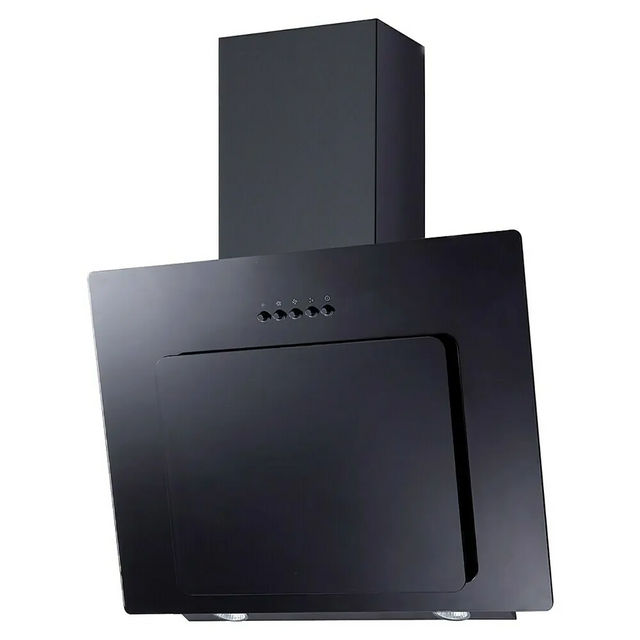 Die Respekta CH 21060 S ist eine moderne schwarze Dunstabzugshaube mit abgewinkelter Frontblende und Bedienknöpfen in der oberen Mitte.