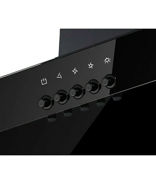 Nahaufnahme von fünf schwarzen Bedienknöpfen mit Symbolen auf der glänzend schwarzen Blende der Respekta CH 21060 S Dunstabzugshaube.