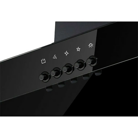 Nahaufnahme von fünf schwarzen Bedienknöpfen mit Symbolen auf der glänzend schwarzen Blende der Respekta CH 21060 S Dunstabzugshaube.