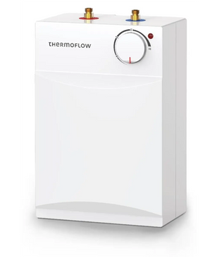 Der „Thermoflow UT 5 Untertischspeicher – weiß“ von Thermoflow ist ein druckloser Untertisch-Warmwasserbereiter mit einem Temperaturregler und zwei oben angebrachten Zulaufventilen – einem roten und einem blauen – für eine effiziente Installation.
