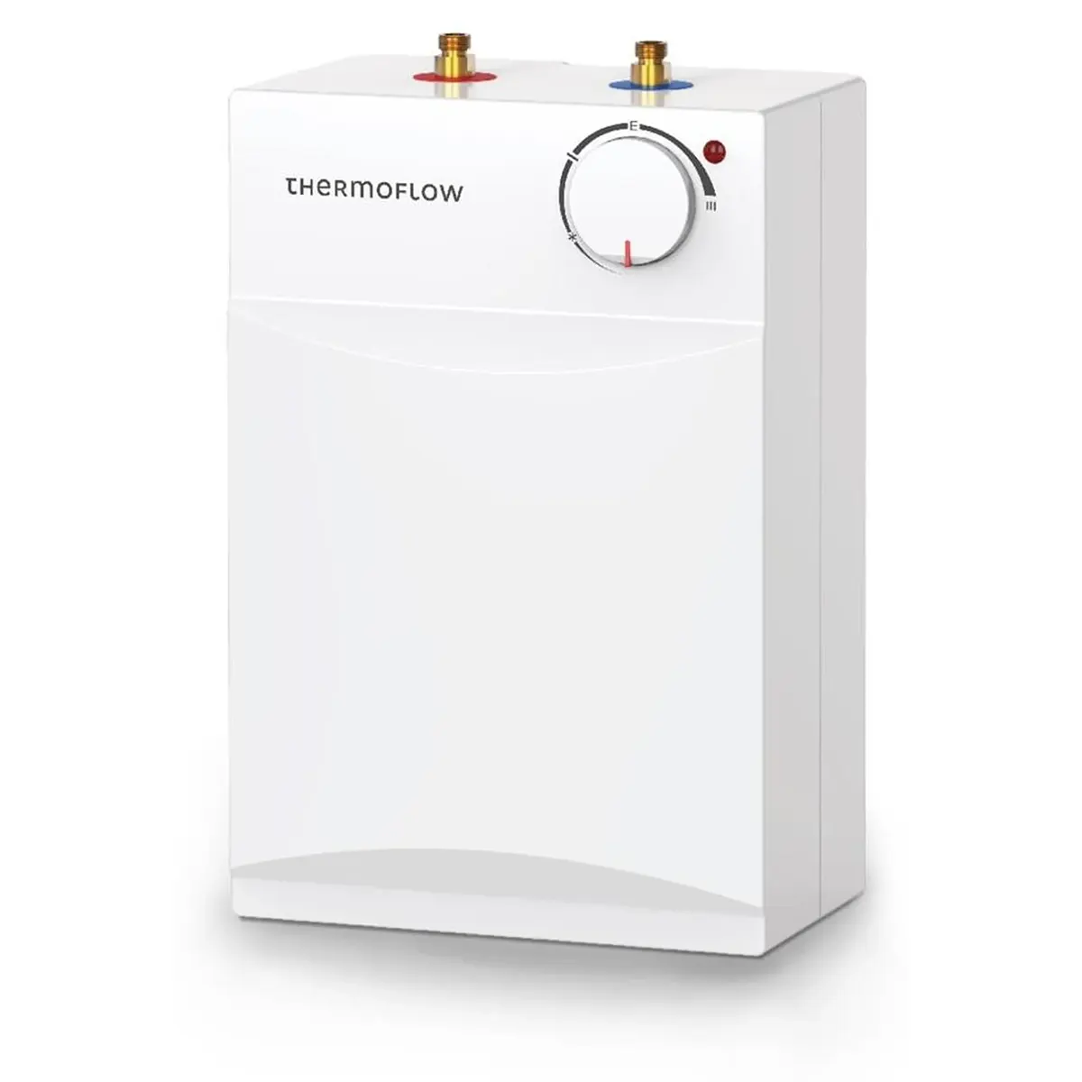 Der „Thermoflow UT 5 Untertischspeicher – weiß“ von Thermoflow ist ein druckloser Untertisch-Warmwasserbereiter mit einem Temperaturregler und zwei oben angebrachten Zulaufventilen – einem roten und einem blauen – für eine effiziente Installation.